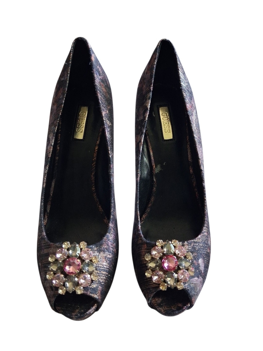 GUESS Black Metallic Floral-Print Peep-Toe Pumps with Pink Crystal Cluster